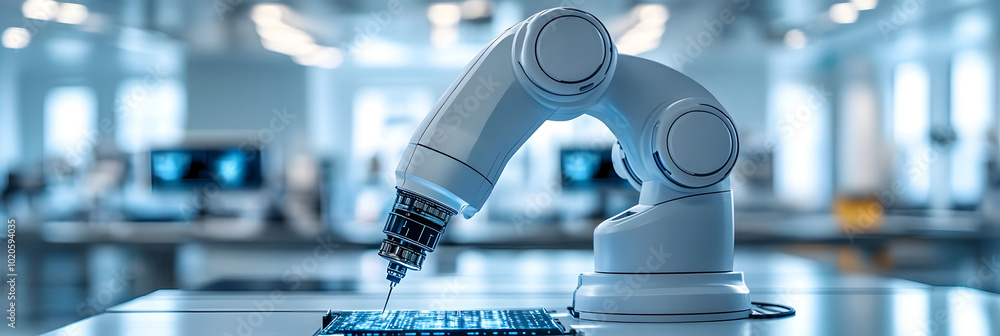Aufkleber robotic arm on a futuristic factory workbench,representing automation,technology innovation,and adva