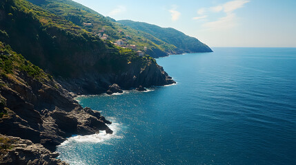 Fototapeta premium Cinque Terre National Park, Italy: A picturesque scene of the colorful cliffside villages in Cinque Terre National Park, Italy, with a stunning coastal backdrop.