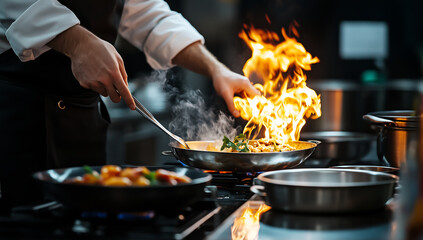 Chef Skillfully Cooking in a Professional Kitchen with Flames Rising from a Pan During a Dramatic Flamb&eacute; Moment