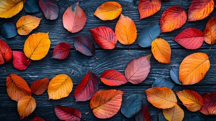 Vibrant Autumn Leaves on Dark Wooden Surface - Top-Down Perspective