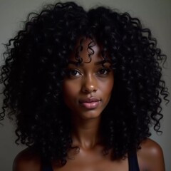 Fototapeta premium The radiant curls frame a youthful face, showcasing gorgeous black, shiny hair with defined spirals. Soft light enhances the texture and depth of the curls, creating a stunning look. Generative AI