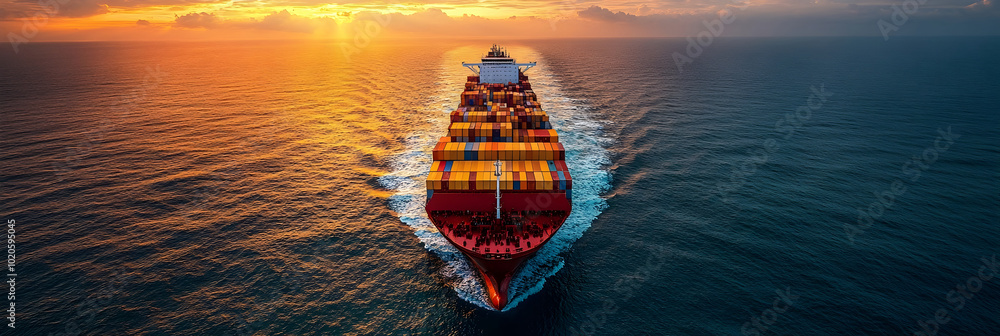 Aufkleber aerial view of a massive cargo container ship sailing on the open ocean at dramatic sunset. the ship