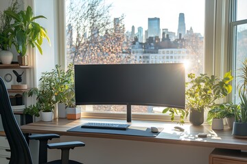 A Minimalist Home Office With a Sleek Wooden Desk, Large Curved Monitor, and Ergonomic Chair, Sunlit With Plants and a Window View of the City Skyline, 3d Render Real Room Template