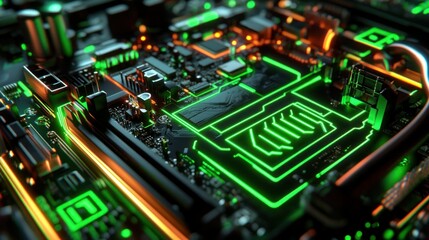 Fototapeta premium Close-up of a Circuit Board with Green and Orange LEDs