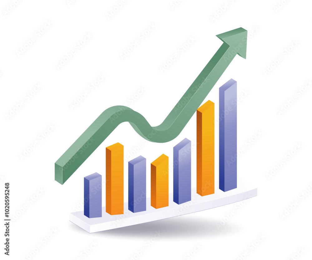 Poster arrow with bar graph data analysis isometric illustration