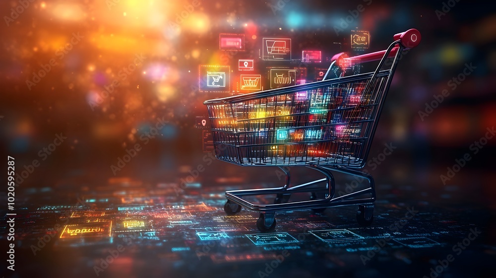 Wall mural sleek and minimalist online shopping cart with various purchase buttons and icons in a futuristic us
