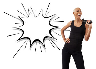 African woman with gun and blank comic boom effect isolated on white background. Banner advertising commercial sign. Store and mall Billboard top deals or online shopping