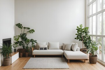 A Cozy Living Room With a Scandinavian Design, Featuring Light Wood Floors, a White Sectional Sofa, a Soft Gray Rug, and Plants in Sleek Ceramic Pots, 3d Render Real Room Template, Wall Mockup