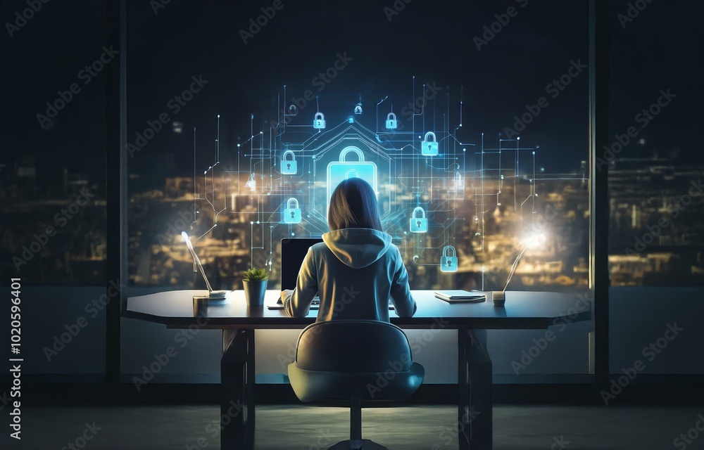 Poster a person sits in front of a computer with a glowing blue padlock and network behind them.