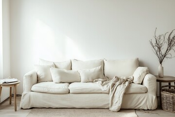 A Messy Living Room With Sofa and Table Home Interior Design, 3d Render Real Room Template, Wall Mockup