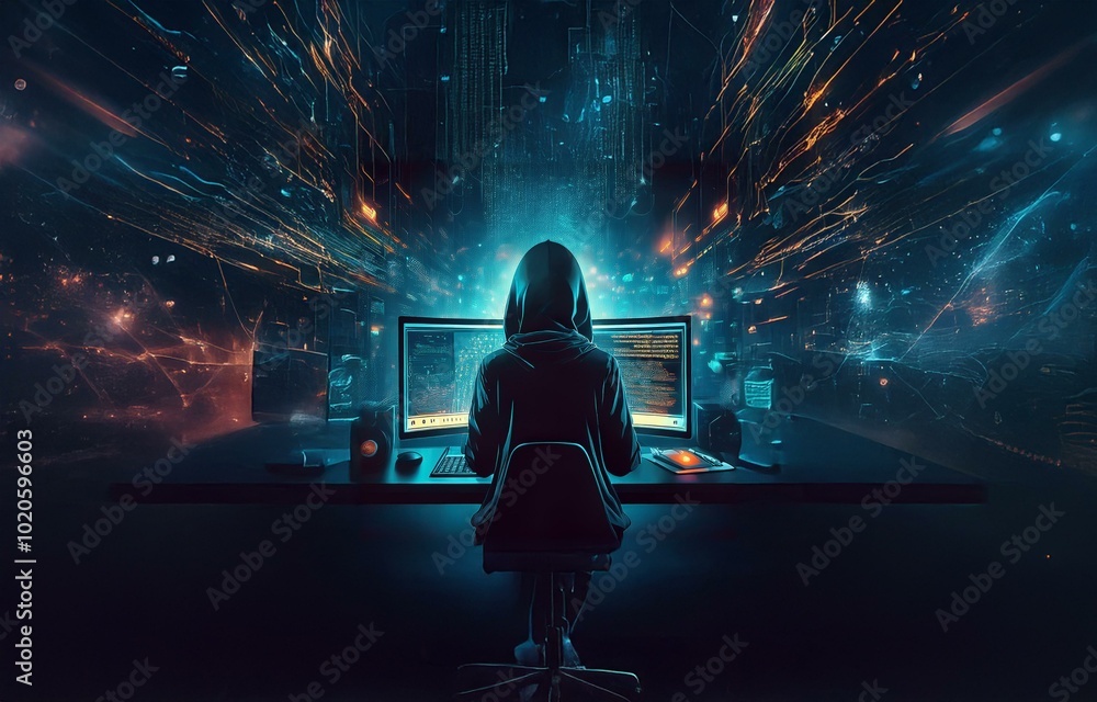 Poster a hooded figure sits in front of two computer monitors with glowing lines in the background.