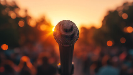 Microphone at Sunset with Blurred Crowd in the Background, Ready for a Public Speech