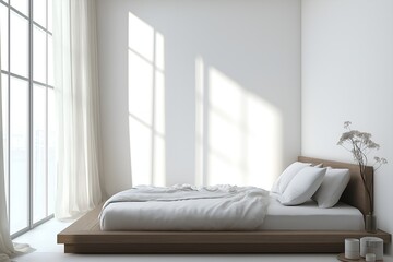A Minimalist Bedroom With a Low Platform Bed, a Monochrome Color Scheme, 3d Render Real Room Template, Wall Mockup