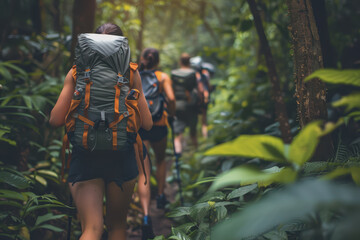 Fototapeta premium A group of hikers treks along a lush forest path. Explore the wonders of nature in summer.