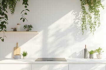 A Minimalist Kitchen With Handleless White Cabinets, a Seamless Induction Cooktop, a Sleek Wall-mounted Faucet, 3d Render Real Room Template, Wall Mockup