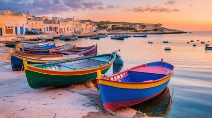 Fototapeta premium Colorful Fishing Boats Moored at a Shoreline Harbor at Sunset