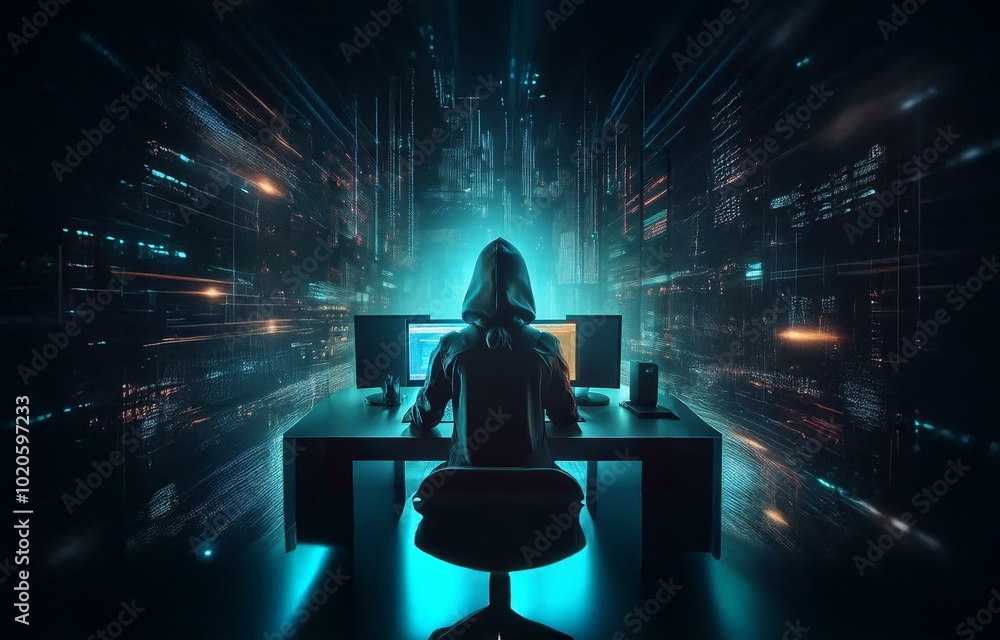 Poster a hooded figure sits in a dimly lit room, in front of two computer monitors, surrounded by a digital