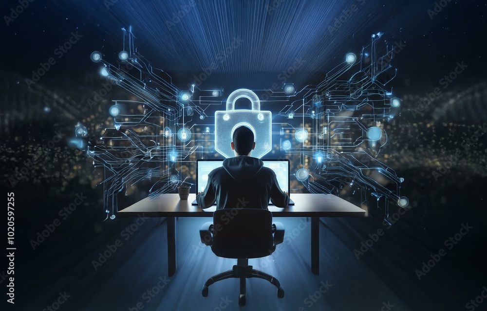Poster a person sits at a desk in front of a computer with a glowing lock in the background.