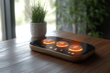 Touch thermostat or dimmer on the table in the room next to house plants. Smart home concept. Generated by artificial intelligence