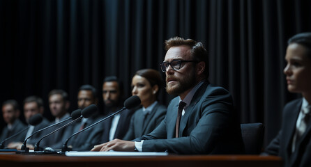 Corporate Meeting with a Panel of Speakers in Suits Discussing Important Topics on Stage