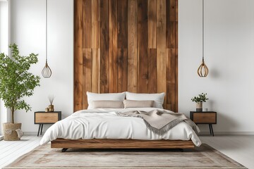 A Modern Bedroom With a Floating Bed, an Accent Wall of Reclaimed Wood, Sleek Bedside Tables With Minimalist Lamps, and an Abstract Rug, 3d Render Real Room Template, Wall Mockup