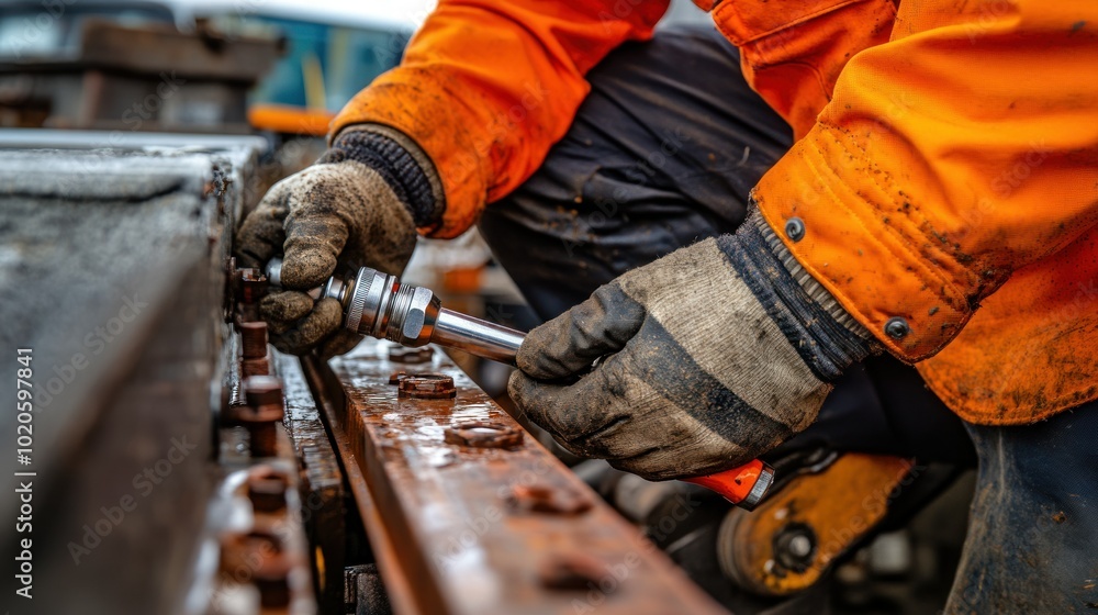 Poster close-up of a mechanic's hands using a wrench to tighten a bolt on a machine