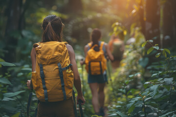 Fototapeta premium A group of hikers treks along a lush forest path. Explore the wonders of nature in summer.