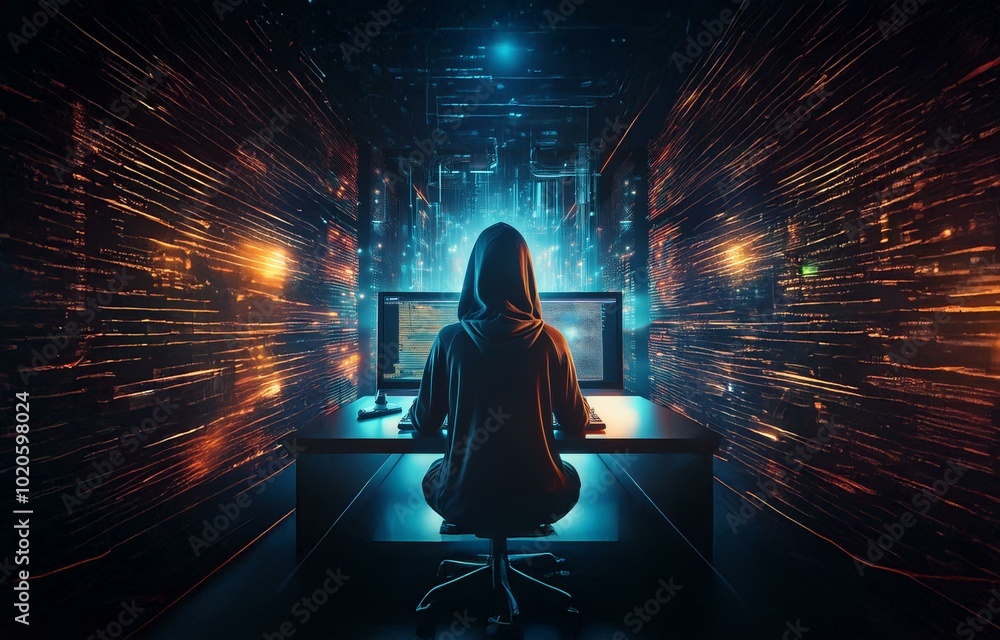 Poster a hooded figure sits in a dark room, illuminated by a screen displaying code and a glowing blue ligh