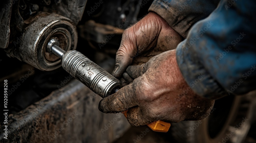 Poster close-up of a mechanic's hands using a tool on a machine