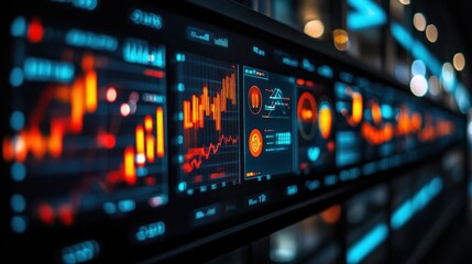 Obraz premium A close-up view of a screen displaying data and charts with blurred lights in the background.