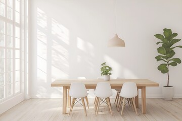 Fototapeta premium A Scandinavian Dining Area With a Light Wood Table, Simple White Chairs, a Minimalist Pendant Light, and a Large Window Letting in Natural Light, 3d Render Real Room Template, Wall Mockup