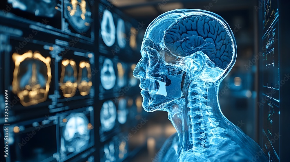 Poster transparent 3d brain anatomy visualization in a futuristic digital x-ray scan,representing the power