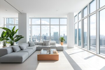 A Spacious Living Room With Large Floor-to-ceiling Windows, a Minimalist Gray Sectional Sofa, a Glass Coffee Table With a Geometric Design, 3d Render Real Room Template, Wall Mockup