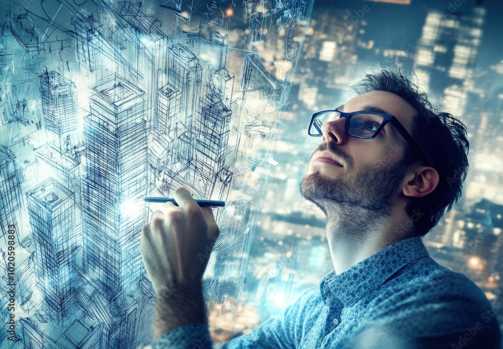 Poster a young male architect is sketching a futuristic building on a digital screen, surrounded by bluepri