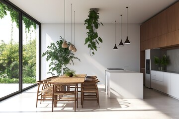Fototapeta premium A Spacious Open-concept Kitchen With a Large Island Featuring a Waterfall Countertop, Dining Area With a Minimalist Wooden Table and Chairs, 3d Render Real Room Template, Wall Mockup