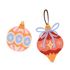 A pair of decorated Christmas tree balls. Xmas home decor items, bauble decorated with bow. Festive decorative colorful toy. Vector flat cartoon illustration isolated on white 