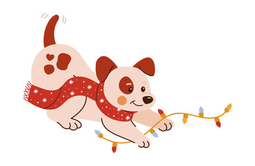 Cute vector illustration of a funny dog ​​running after a Christmas garland in a warm red scarf with snowflakes. Flat vector illustration isolated on white background