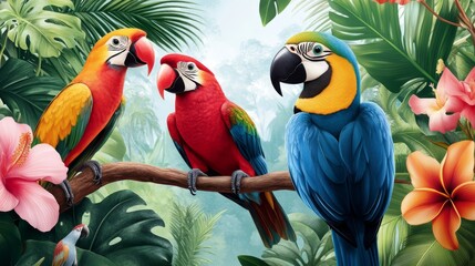 Seamless Tropical Rainforest Pattern with Colorful Birds and Flowers