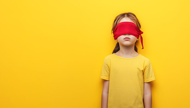 Little Girl in Yellow Shirt Wearing a Red Blindfold, Set Against a Bright Yellow Background