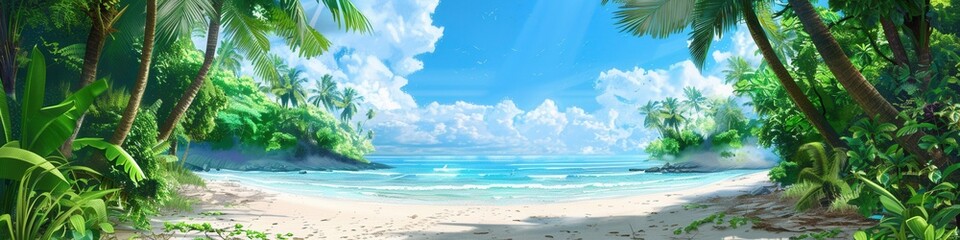 Obraz premium A lush tropical forest merges with a pristine beach, offering stunning views of the calm ocean and vibrant clouds above. Generative AI
