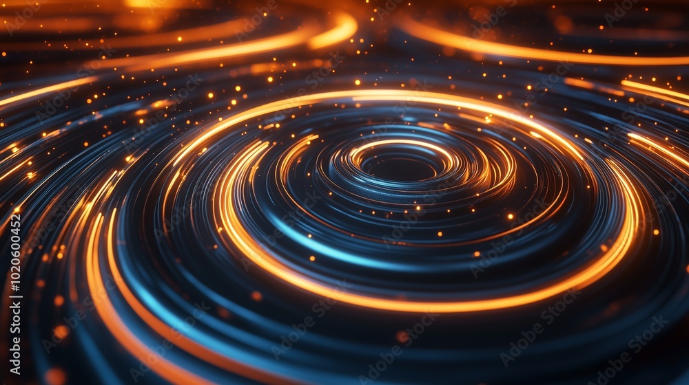 Poster vibrant circular waves with glowing particles create a mesmerizing effect in dark space