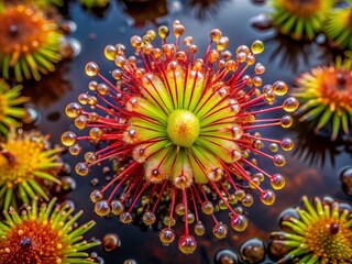 Fototapeta premium Experience the breathtaking aerial perspective of a predatory sundew flower in a bog, highlighting its delicate features and vibrant hues through closeup photography.