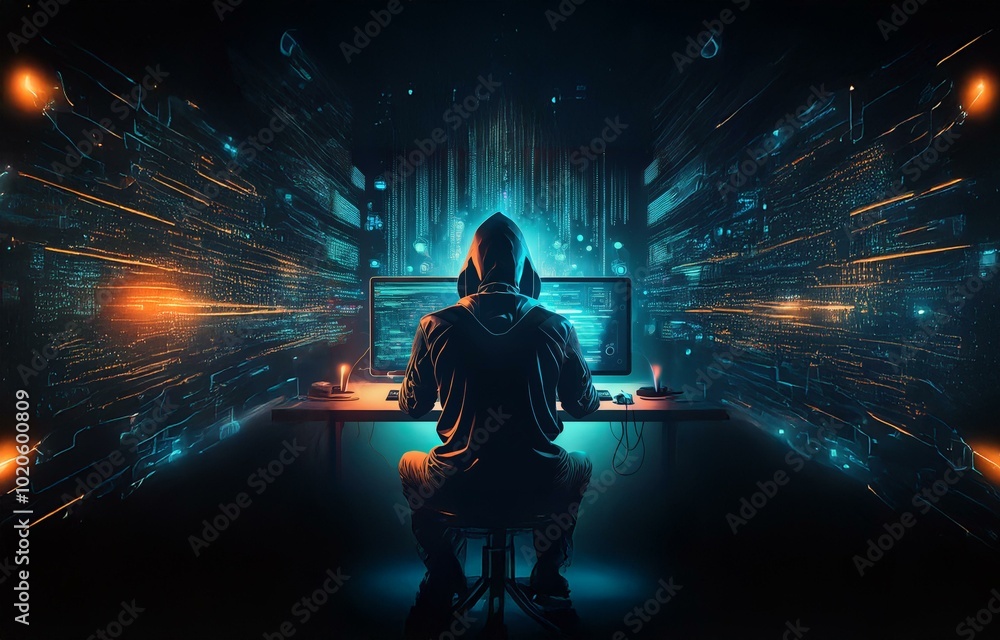 Poster a hooded figure sits in front of a computer screen, surrounded by digital code, in a dark room.