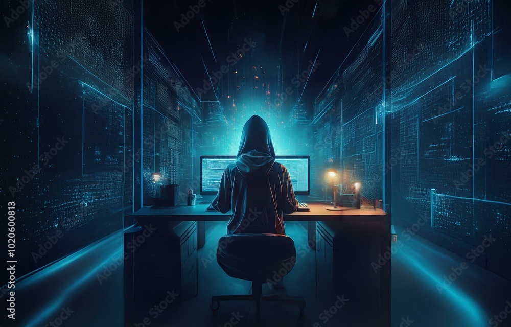 Poster a hooded figure sits in front of a computer, illuminated by a screen showing glowing blue code and a