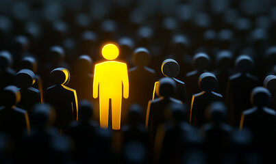 Yellow Figure Standing Out in a Dark Crowd of Silhouettes, Symbolizing Leadership, Uniqueness, and Standing Out