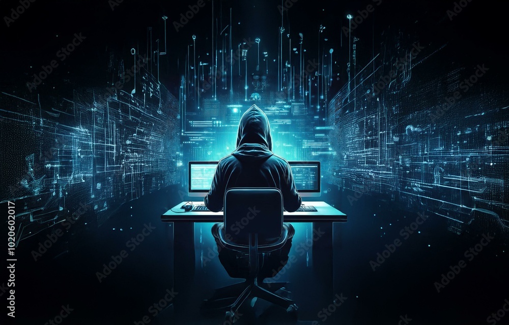 Poster a hooded figure sits at a computer with a glowing blue screen. the background is a dark room filled 