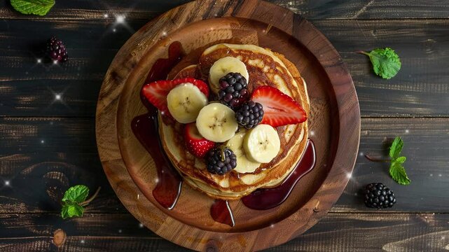 fluffy pancakes with banana, strawberry, and blackberry on top