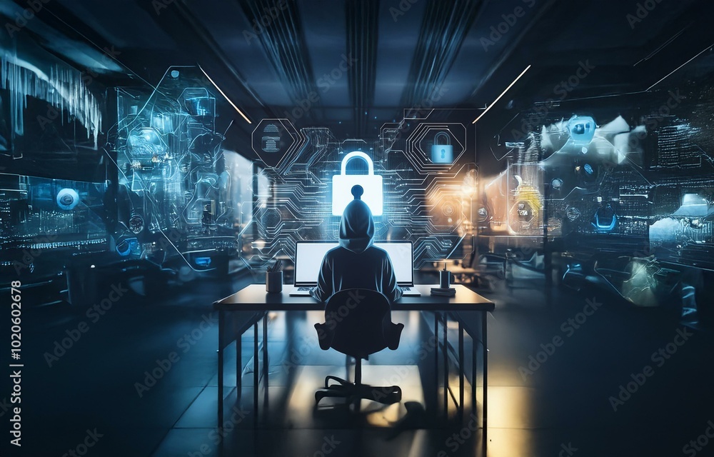 Poster a hooded figure sits at a computer in a dark room with a glowing padlock icon in the center of a dig