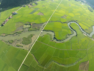 Amazing landscape nature view Rice fields and mountains in Bac Son valley, Lang Son,Northern Vietnam, Seen from above, High angle view