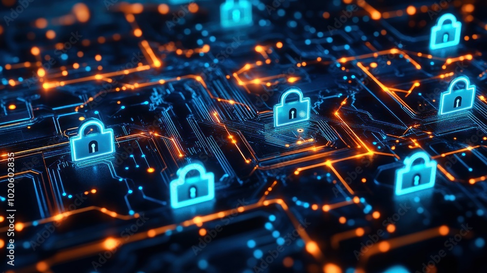 Poster cyber security network with illuminated padlocks on a circuit board